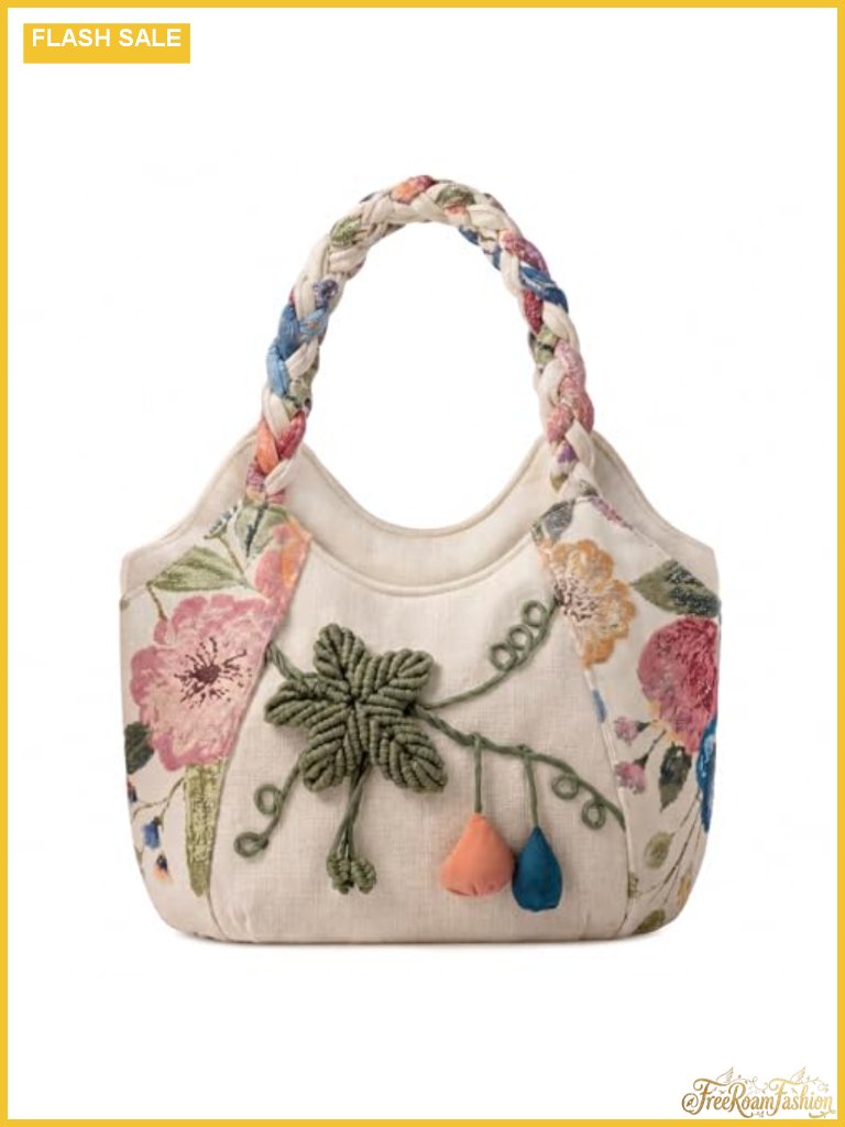 Vintage Embroidered Canvas Tote Bag With Zipper Pockets